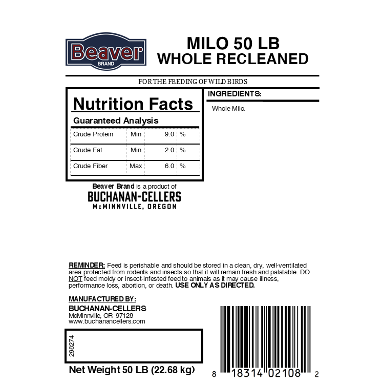 Beaver Brand Milo Whole Recleaned 50 lb