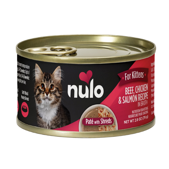 Nulo Grain-Free Pate with Shreds Beef, Chicken and Salmon Kitten  2.8oz cans