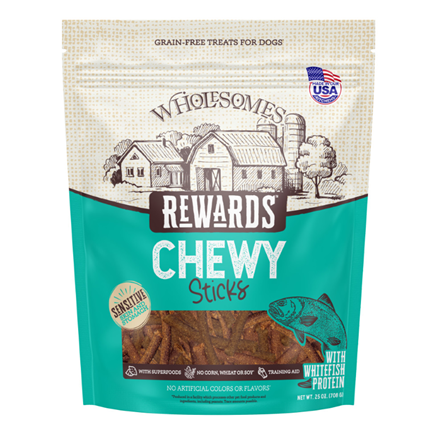 Wholesomes Grain Free Rewards Chewy Sticks Whitefish Dog Treats  25 oz