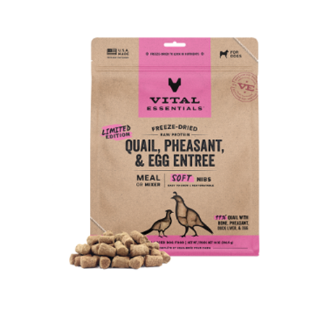 Vital Essentials Freeze Dried Grain Free Quail, Pheasant, and Egg Entree Soft Nibs Dog Food 14 oz