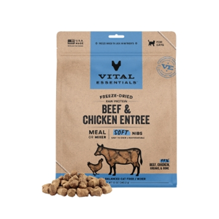 Vital Essentials Freeze Dried Grain Free Beef and Chicken Soft Nibs Cat Food 12 oz