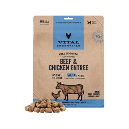 Vital Essentials Freeze Dried Grain Free Beef and Chicken Soft Nibs Cat Food 12 oz