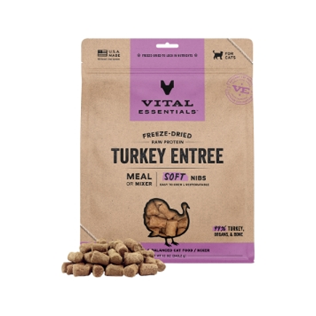 Vital Essentials Freeze Dried Grain Free Turkey Entree Soft Nibs Cat Food 12 oz